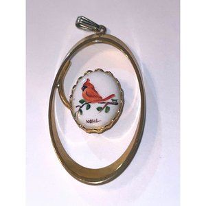 Vintage Elegant Hand Painted Cardinal on Branch Gold Tone Pendant Signed Kohl